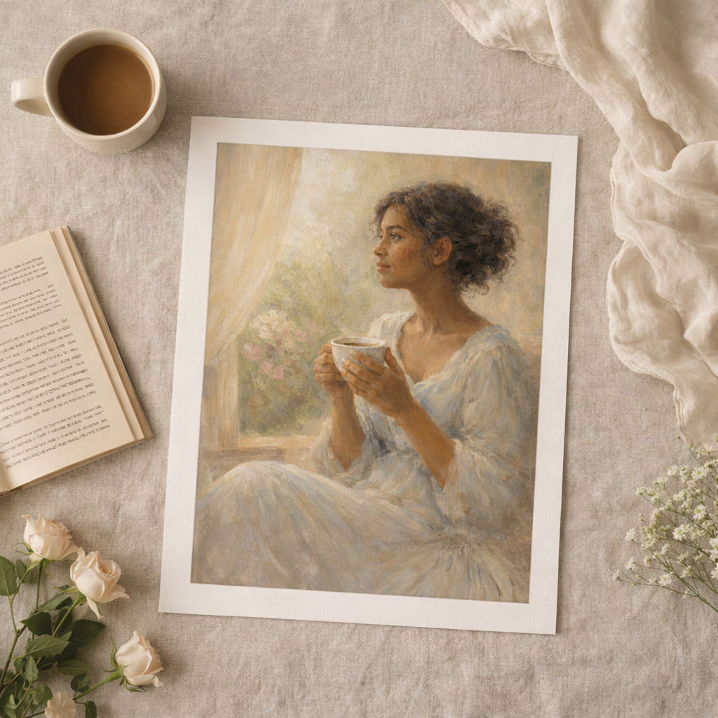 Flat lay of The Gentle Hours: Before the Day art print on textured fabric, styled with an open book, ceramic mug, soft florals, and neutral linens in warm natural light.