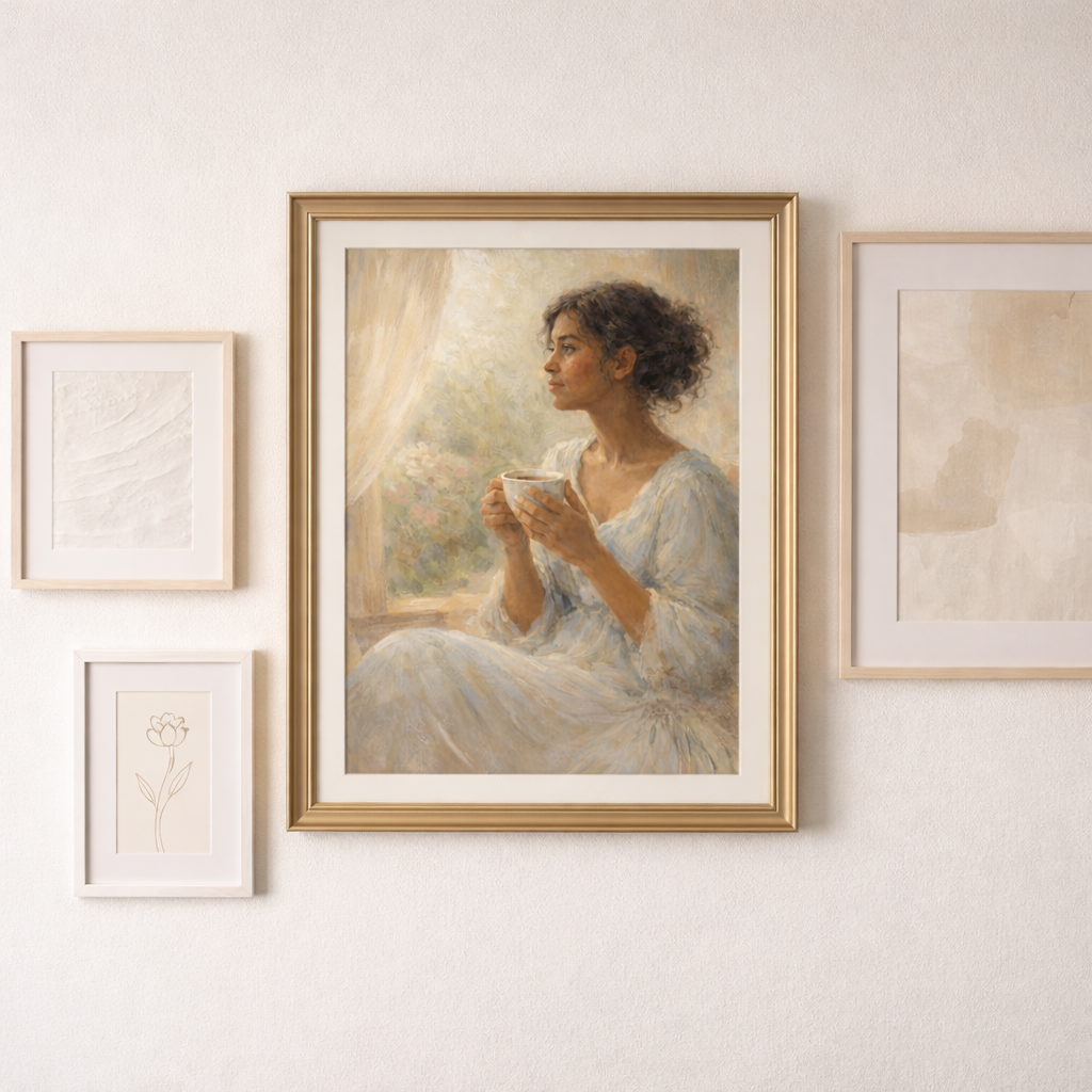 Gallery wall featuring The Gentle Hours: Before the Day framed in gold, surrounded by neutral minimalist art prints on a light cream wall in a calm, modern interior.