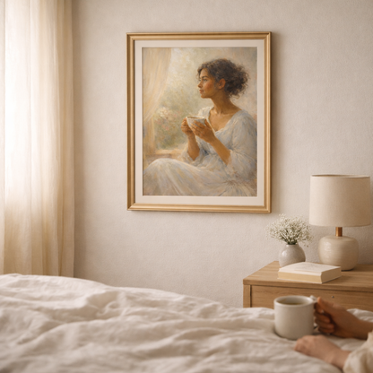 Wide bedroom scene featuring The Gentle Hours: Before the Day wall art above a nightstand, styled with light wood furniture, ceramic mugs, books, and soft morning light for a peaceful atmosphere.