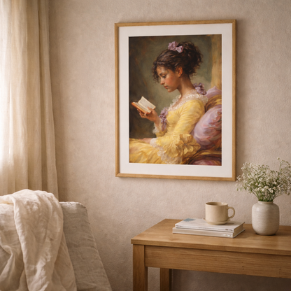 Framed painting of a woman in a yellow dress holding a flower, hanging on a wall above a wooden table with a cup and books.