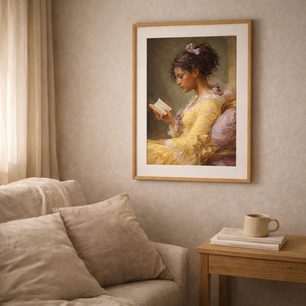 Large framed portrait art displayed above a modern neutral sofa, highlighting scale and placement for living room wall decor.