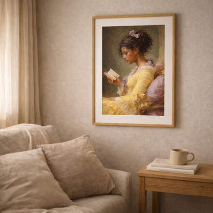 Large framed portrait art displayed above a modern neutral sofa, highlighting scale and placement for living room wall decor.