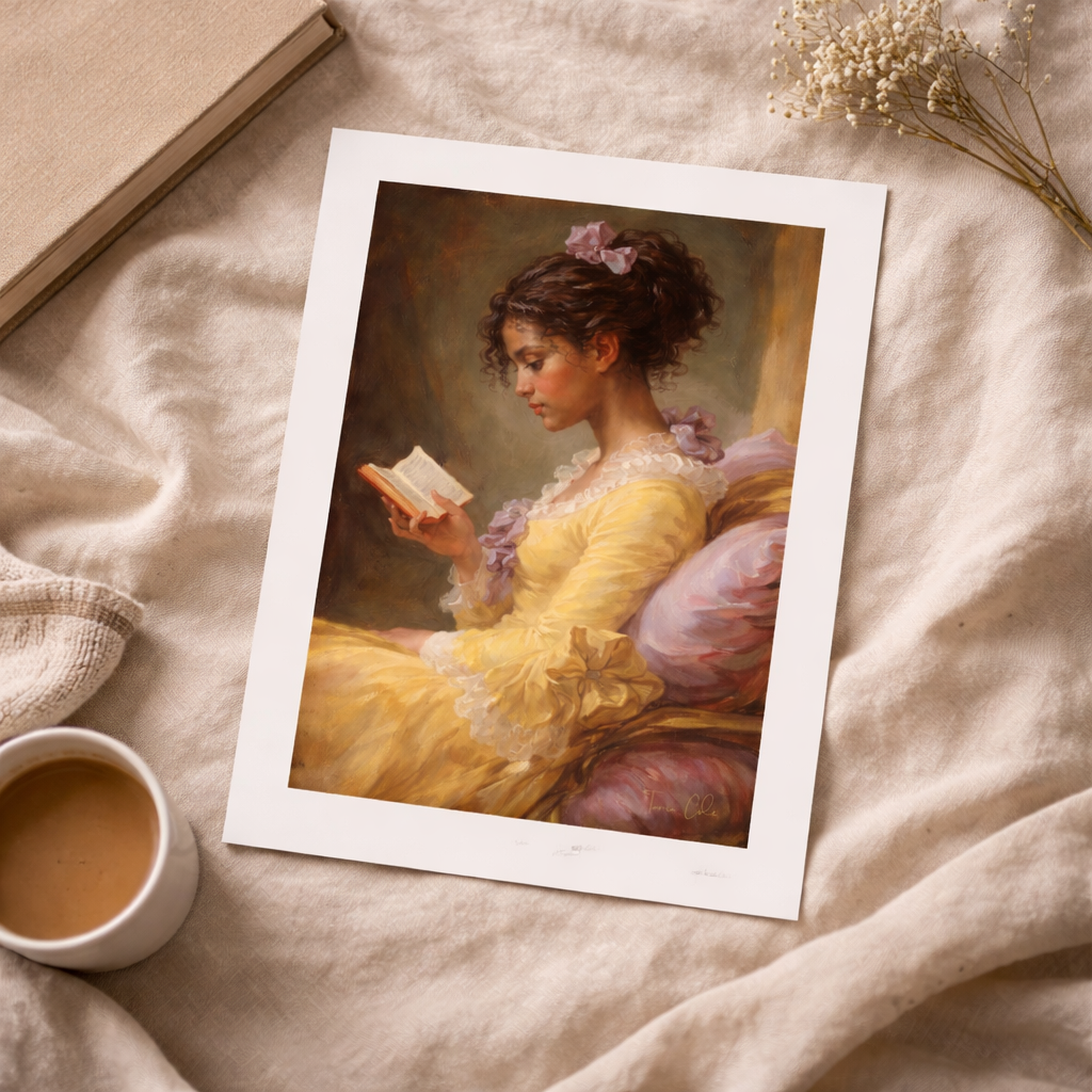 Framed painting of a woman in a yellow dress reading a book on a textured surface with a cup of coffee.