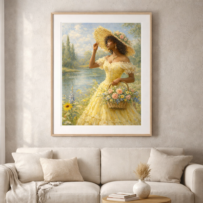 Framed painting of a woman in a yellow dress with flowers in a living room.
