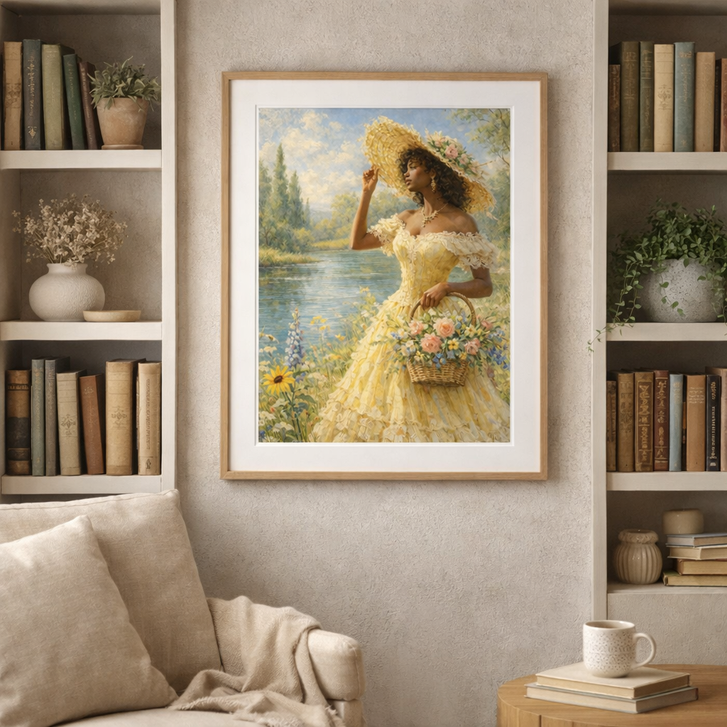 Framed painting of a woman in a yellow dress holding flowers in a room with bookshelves and a sofa.