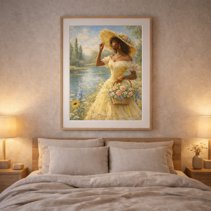 Framed painting of a woman in a yellow dress holding flowers above a bed in a bedroom.