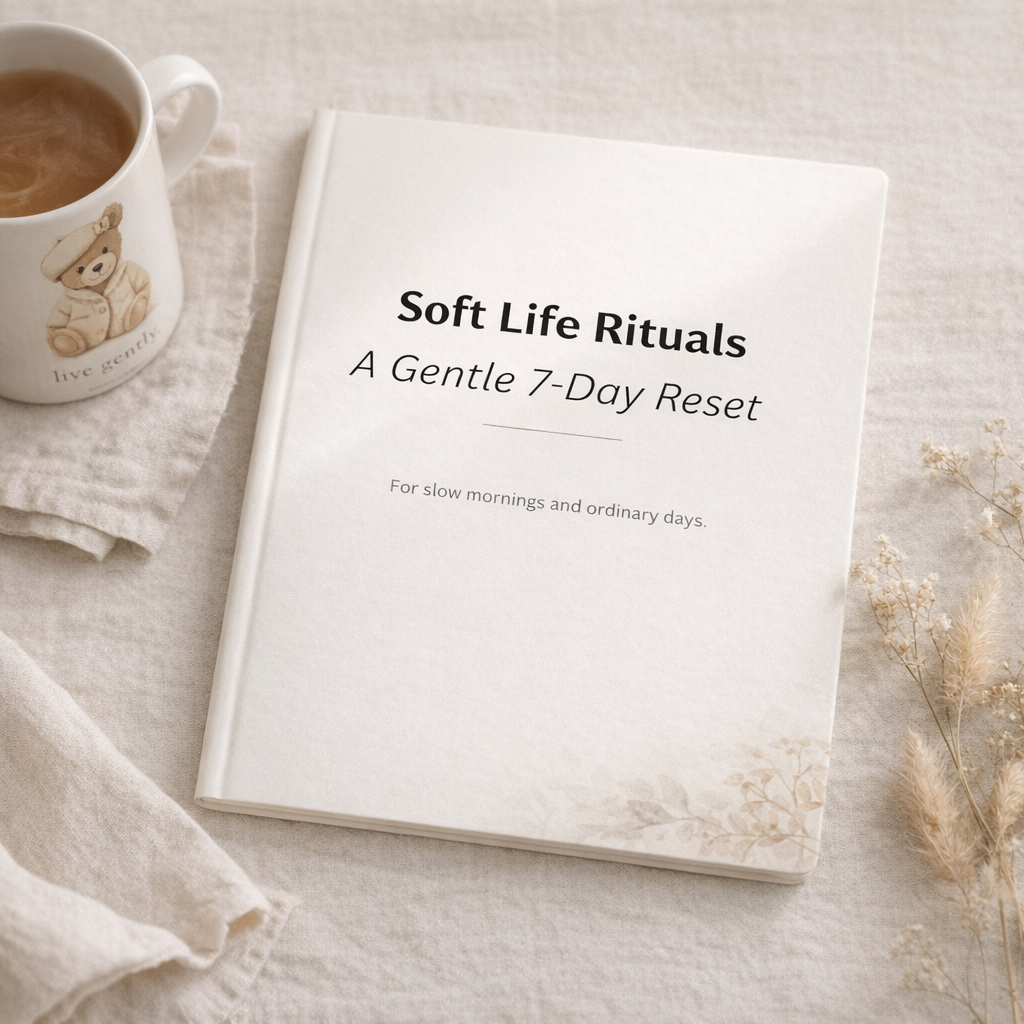 Soft Life Rituals digital guide cover on an ivory linen background, titled “A Gentle 7-Day Reset” with minimalist typography and soft neutral styling.