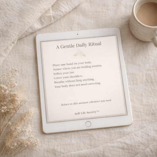 Tablet displaying a digital ritual card titled “A Gentle Daily Ritual” on a linen surface with soft lighting and neutral textures.