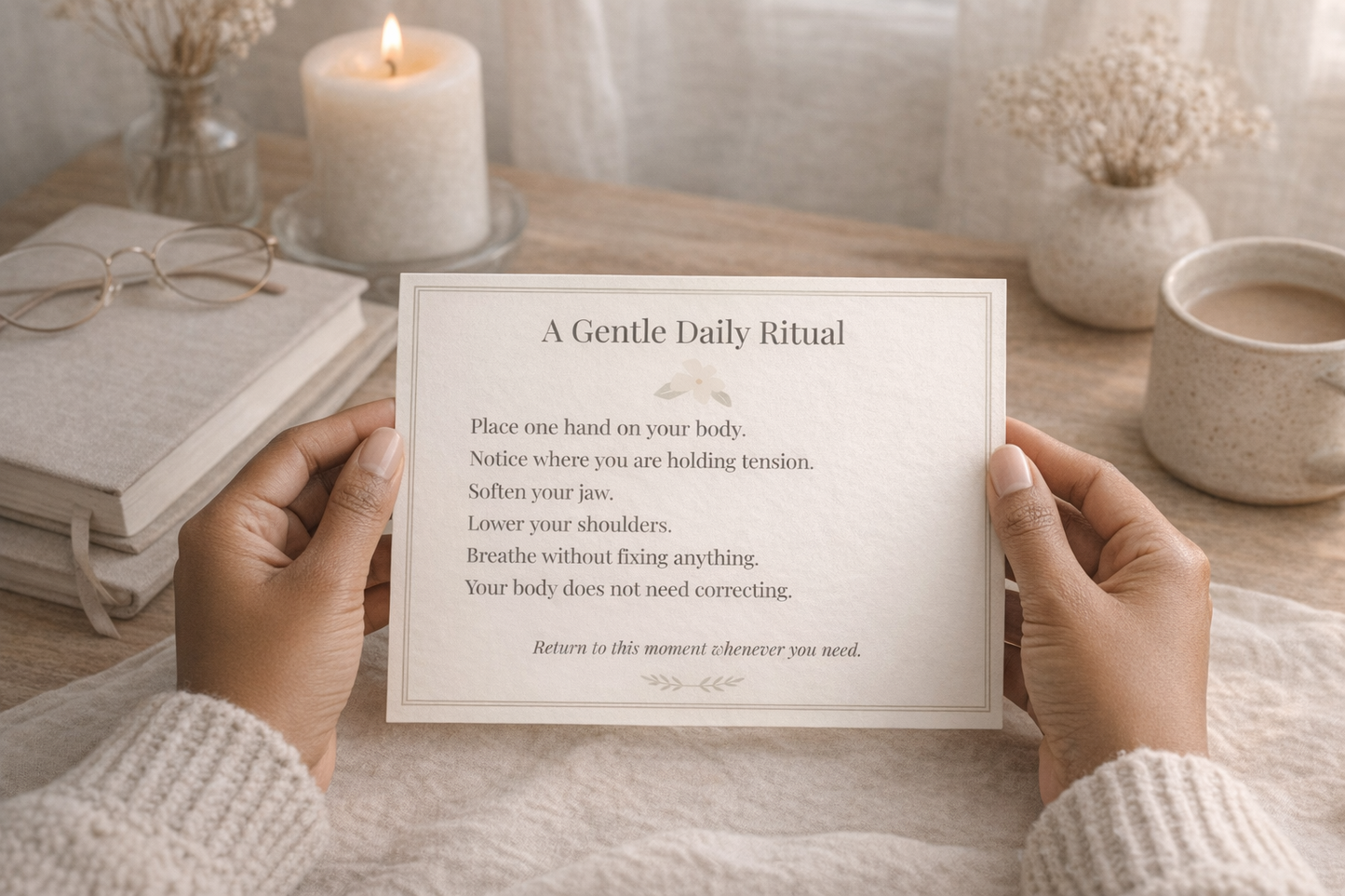 Hands holding a printed ritual card titled “A Gentle Daily Ritual” at a wooden desk with candle, journal, and warm neutral decor, soft life aesthetic.