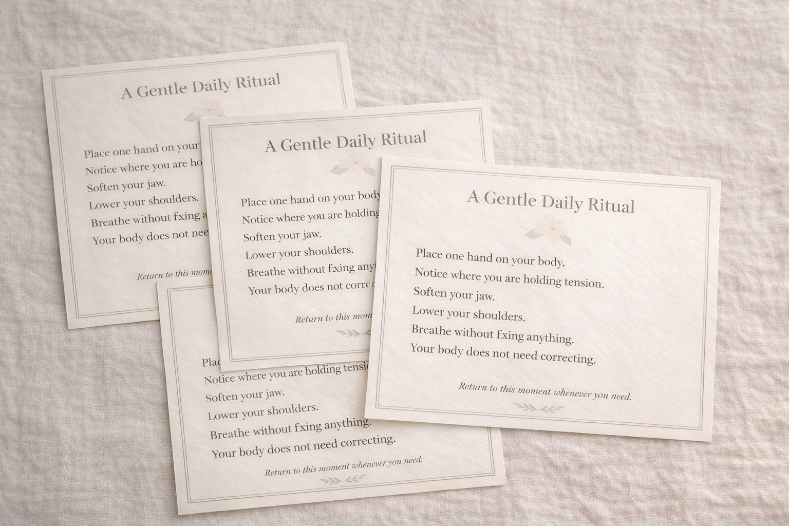 Stack of printable ritual cards laid on soft linen fabric, featuring gentle affirmations and a neutral beige design, calm minimalist lifestyle.