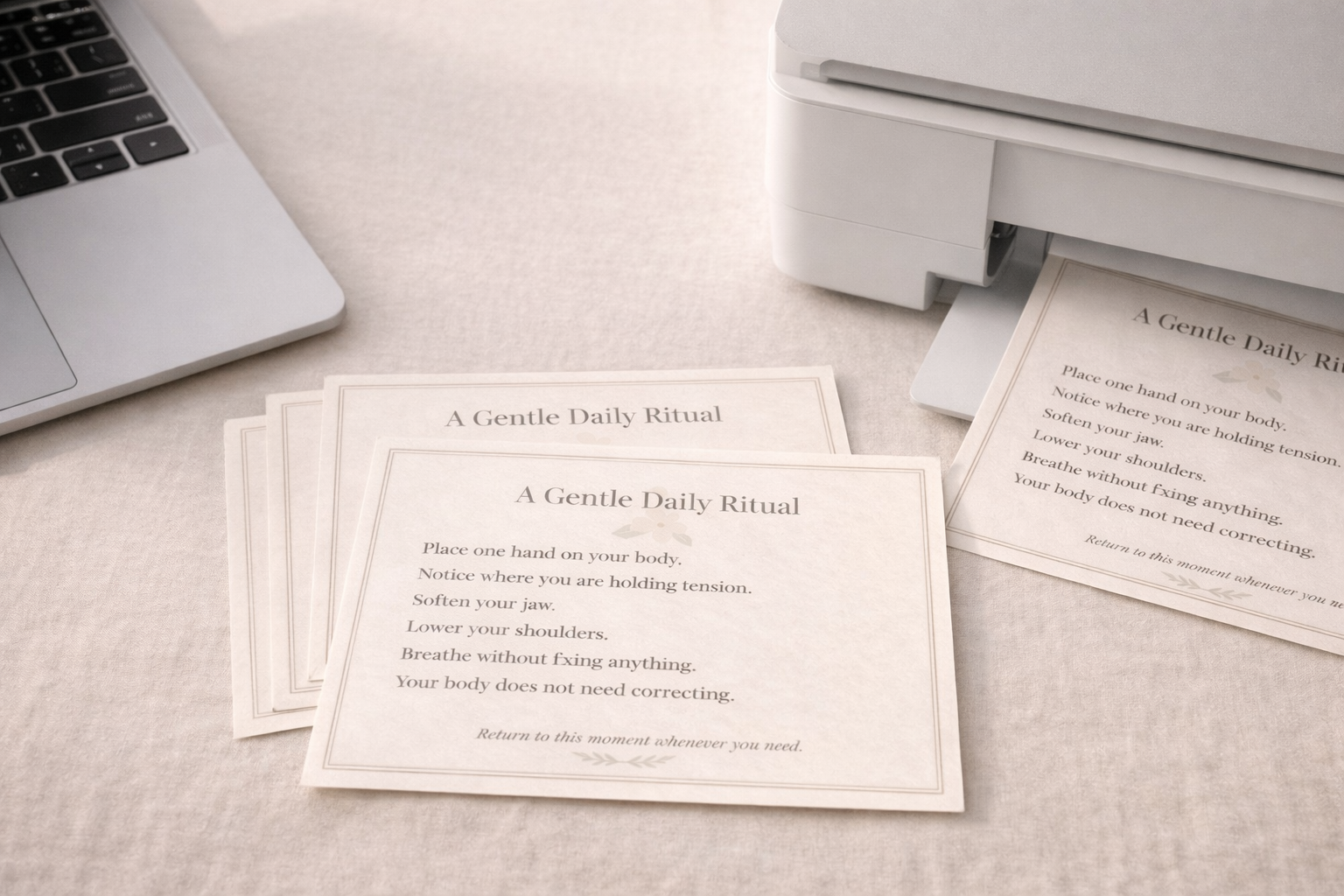 Printable ritual cards emerging from a home printer beside a laptop, showing a gentle daily ritual affirmation card in soft neutral tones.