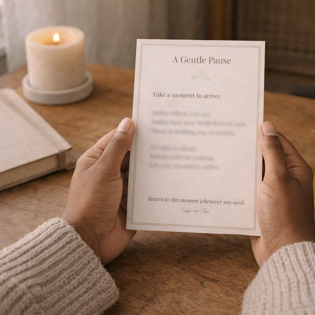 Hands holding a softly designed printable card titled “A Gentle Pause,” with partially blurred text, styled on a wooden table beside a candle and book in warm, calming light.