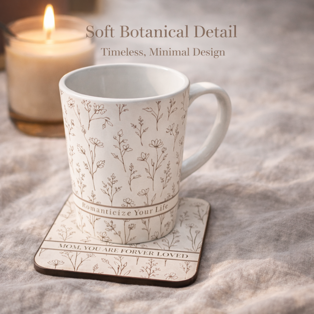 Mug with botanical design on a coaster, candle in the background