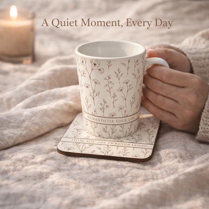 Person holding a mug with floral pattern on a textured surface with 'A Quiet Moment, Every Day' text.