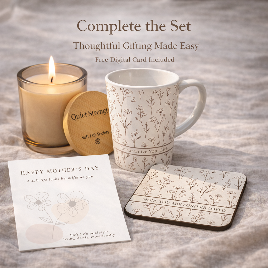 Mug, candle, coaster, and card on a textured surface with 'Complete the Set' text.