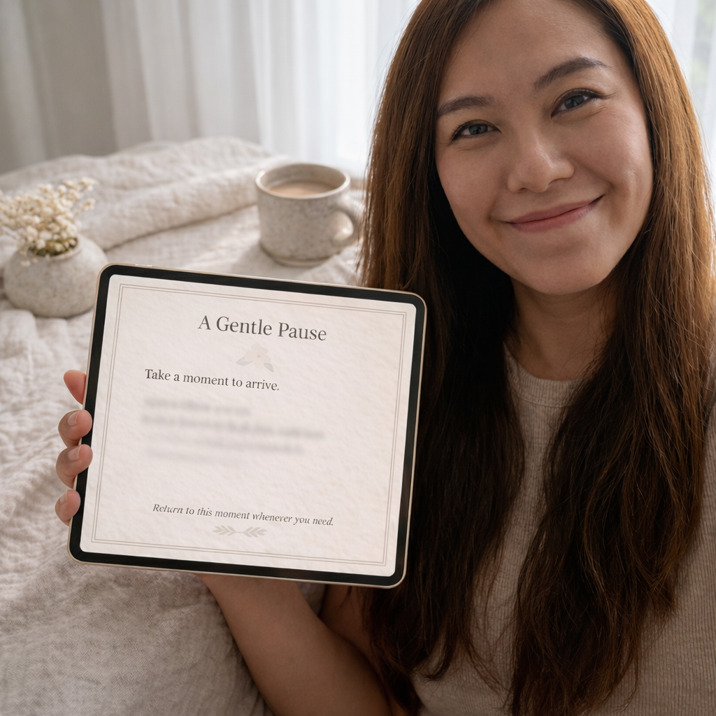 Woman holding a tablet with text on a cozy indoor setting