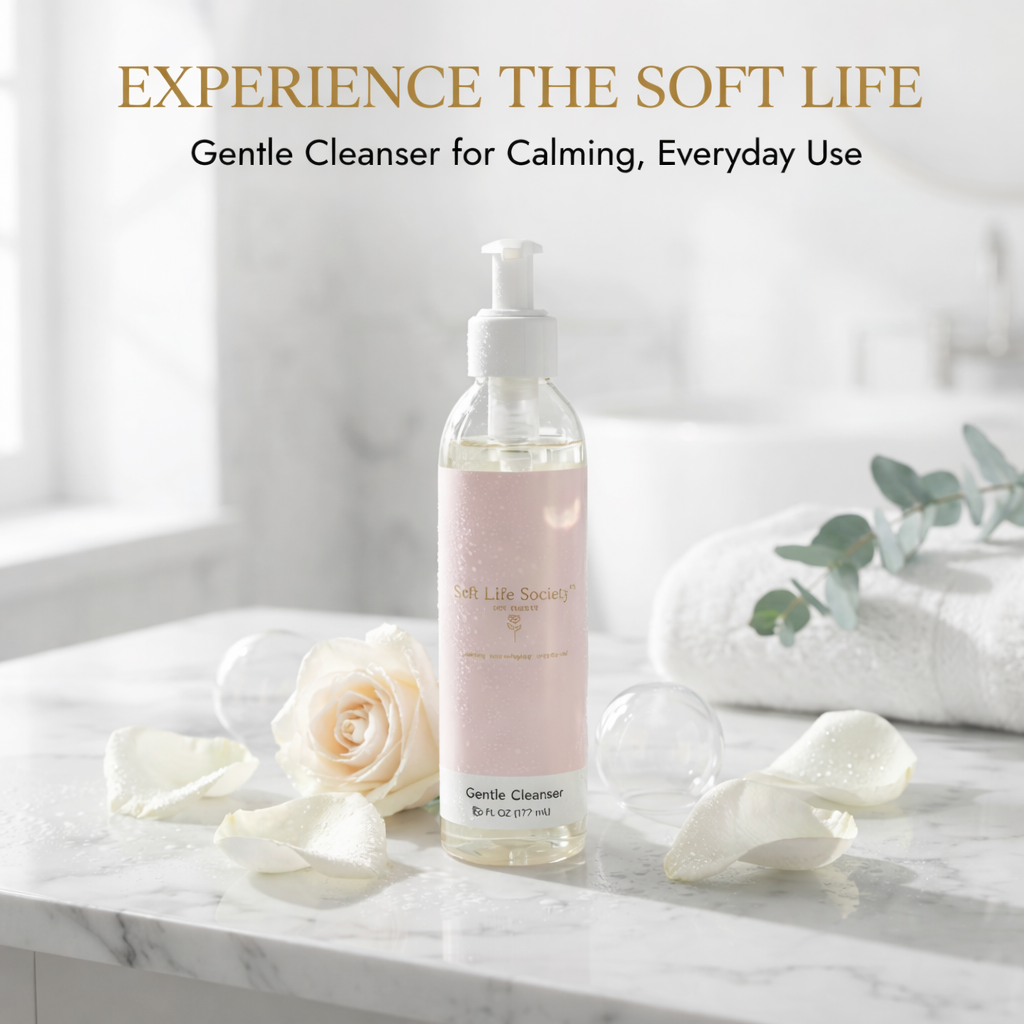 Gentle Cleanser bottle on a marble surface with flowers and text 'Experience the Soft Life'.