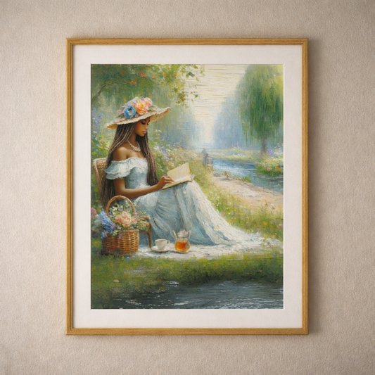 Framed artwork of a woman in a garden reading a book with flowers and a basket.