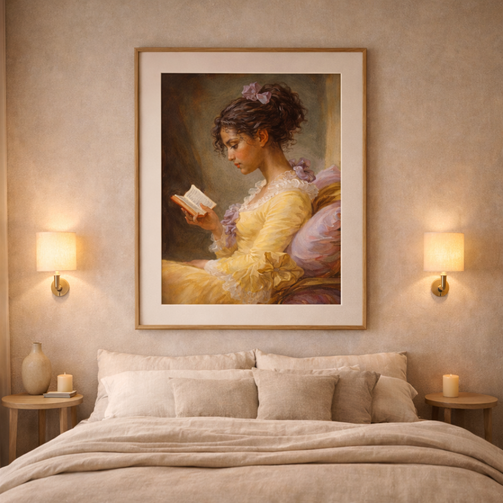 Framed vintage feminine portrait art centered above a bed with warm neutral bedding and soft wall sconces, creating a peaceful bedroom focal point.