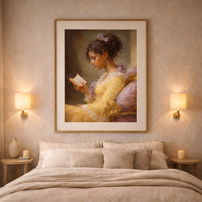 Framed vintage feminine portrait art centered above a bed with warm neutral bedding and soft wall sconces, creating a peaceful bedroom focal point.