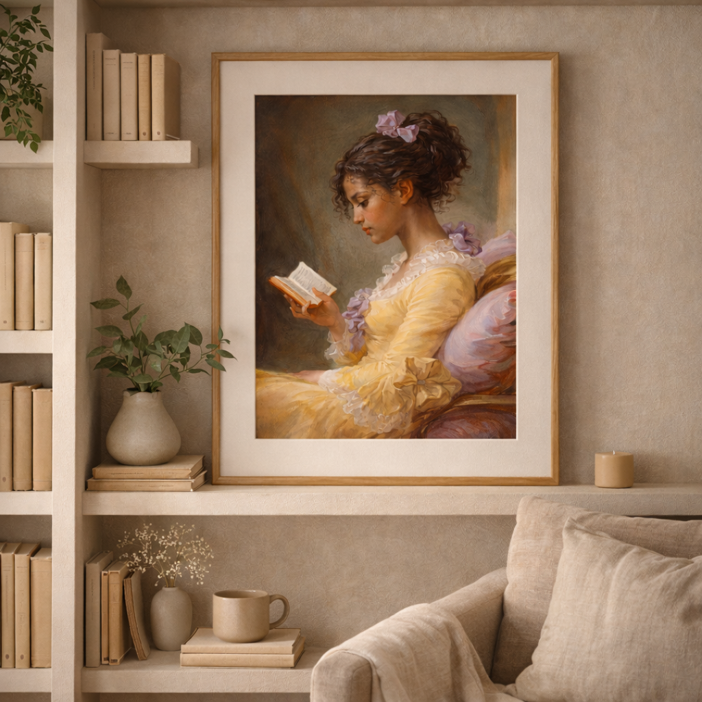 Framed painting of a woman reading a book in a cozy room with books and plants.