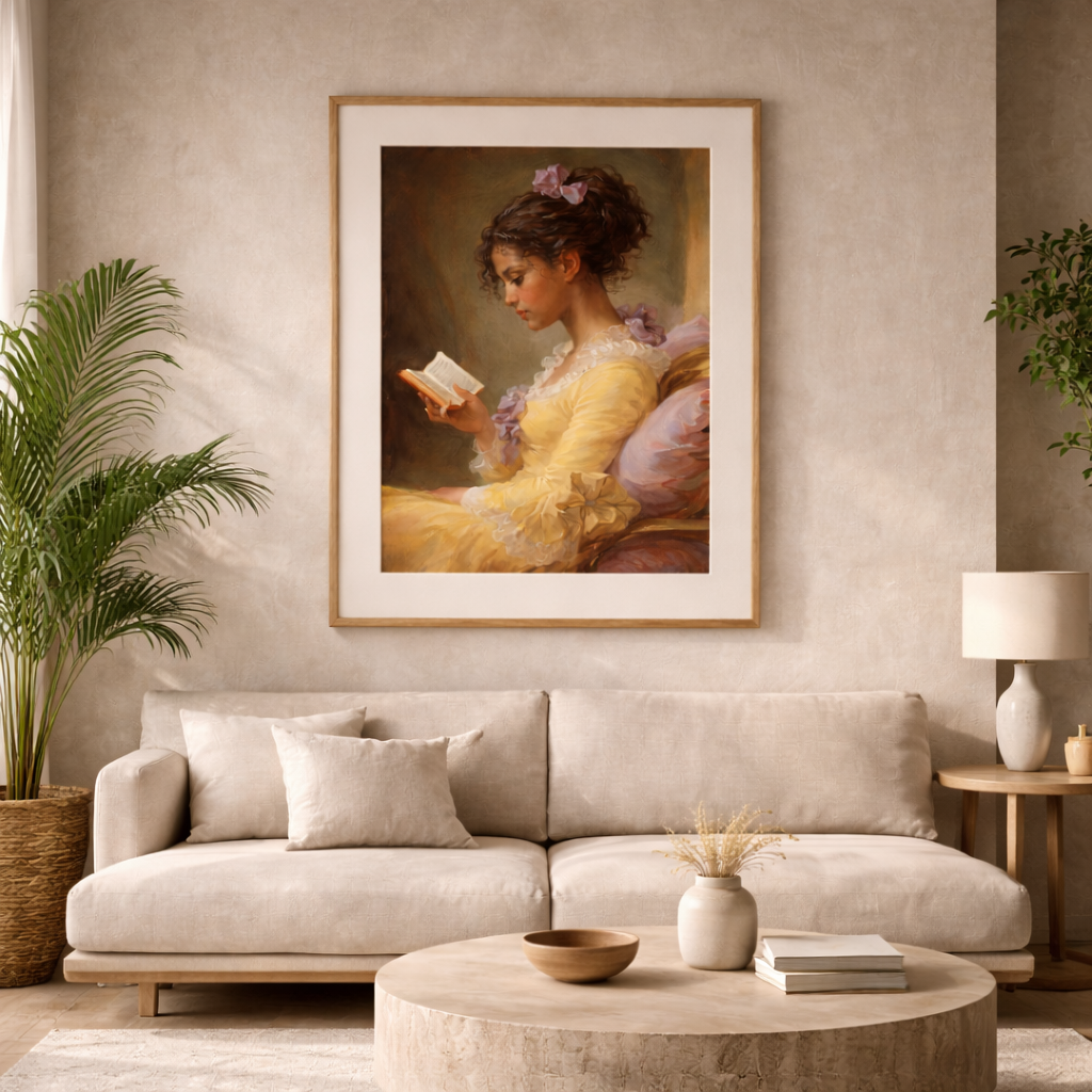 Living room with a beige sofa, round coffee table, and framed artwork of a woman in a yellow dress.