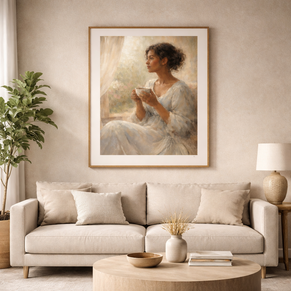 Living room with a beige sofa, round coffee table, and framed painting of a woman holding a cup.