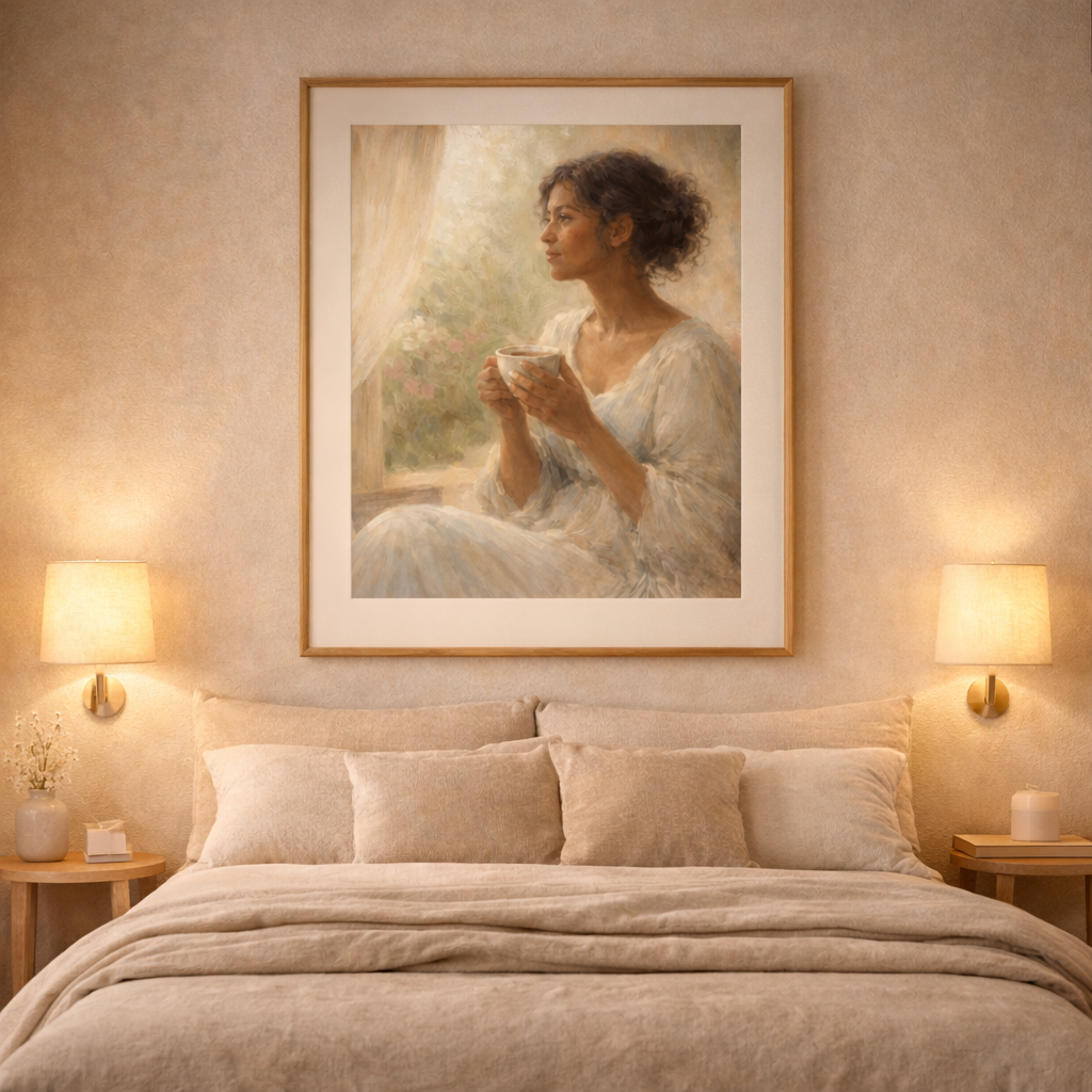 Framed vintage feminine portrait art centered above a bed with warm neutral bedding and soft wall sconces, creating a peaceful bedroom focal point.