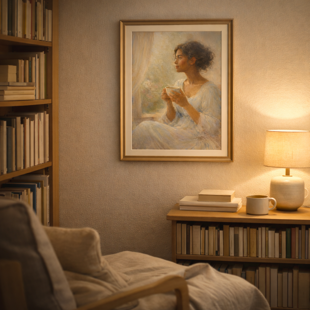 Framed artwork The Gentle Hours: Before the Day displayed in a cozy bookstore or home library nook with bookshelves, warm lamplight, stacked books, and a quiet, contemplative atmosphere.