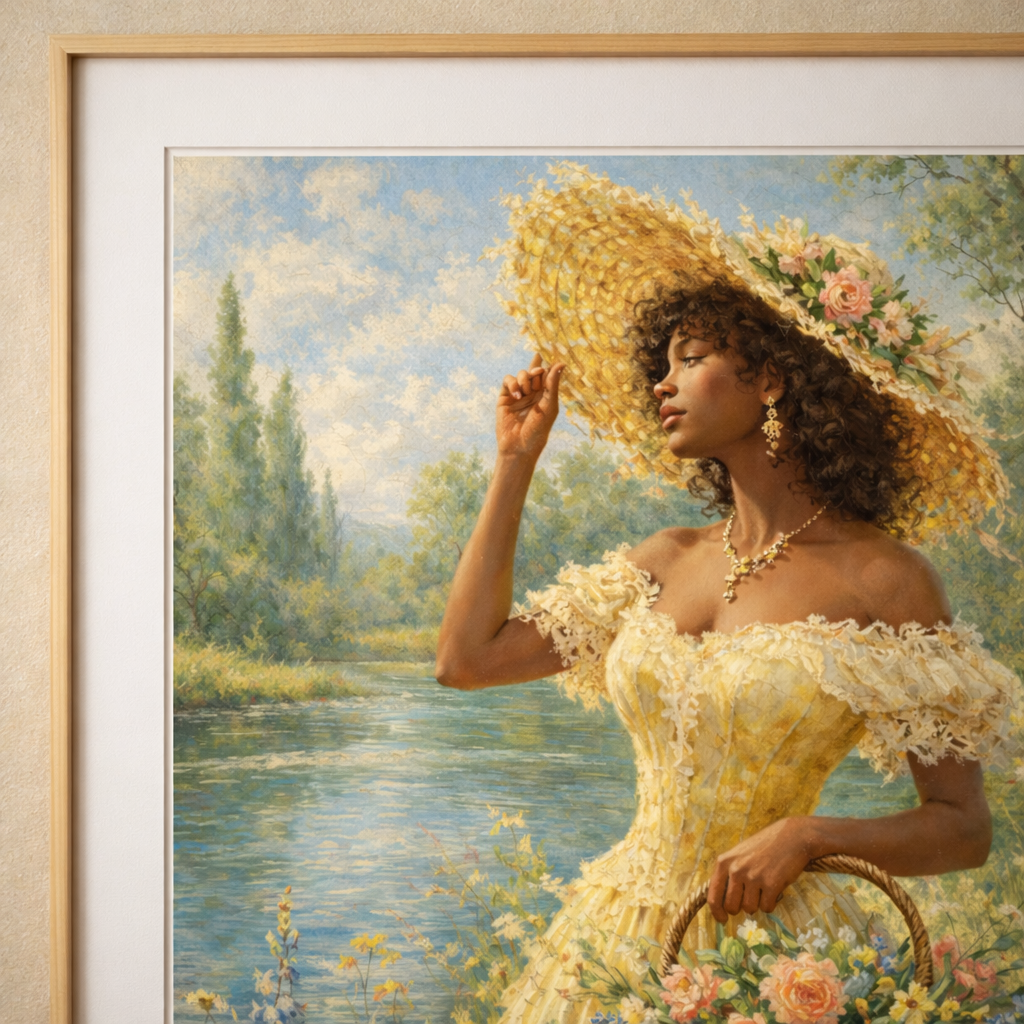 Close-up view of framed artwork of a woman in a yellow dress and hat standing by a river with a scenic background.