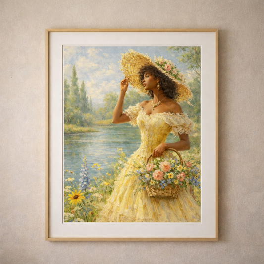 Framed artwork of a woman in a yellow dress and hat holding flowers, standing by a river.
