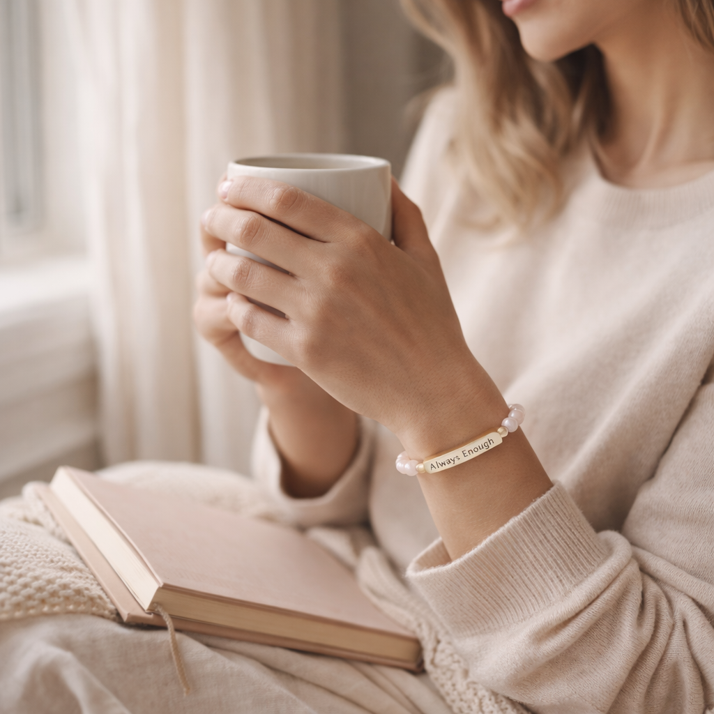 Woman holding a warm mug while journaling, wearing a rose quartz beaded bracelet with an engraved gold bar reading “Always Enough” in a soft, neutral setting.
