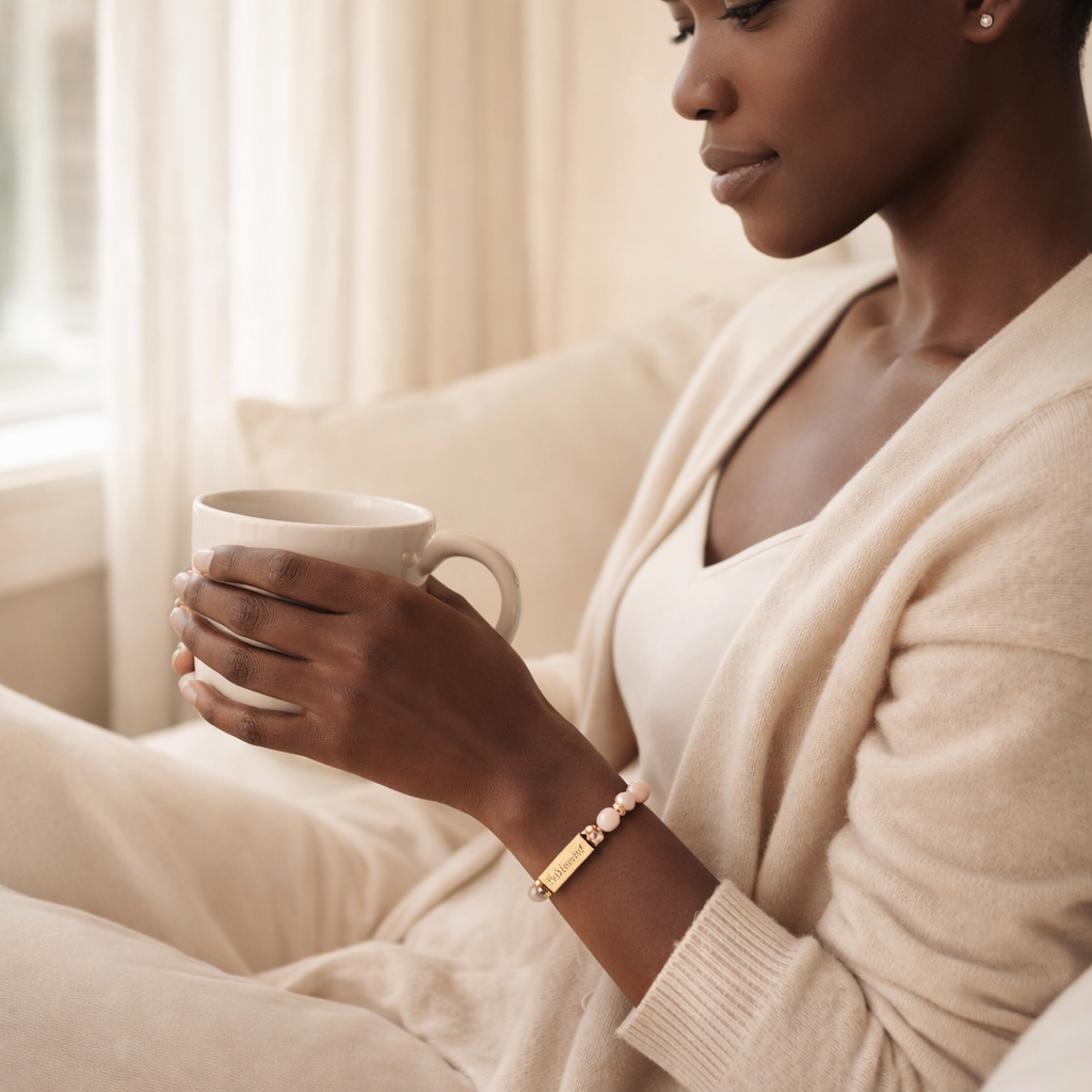 Woman relaxing with a warm drink while wearing a rose quartz affirmation bracelet with an engraved gold bar in a calm, cozy setting.