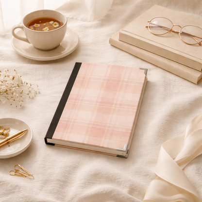 Journal notebook with a pink and black cover on a light surface with a cup of tea, books, and glasses.