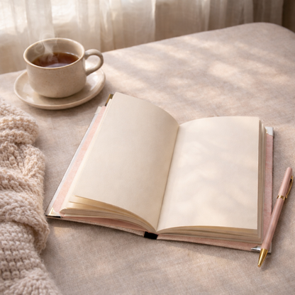 Open notebook with a pen, cup of tea, and cozy blanket on a soft surface