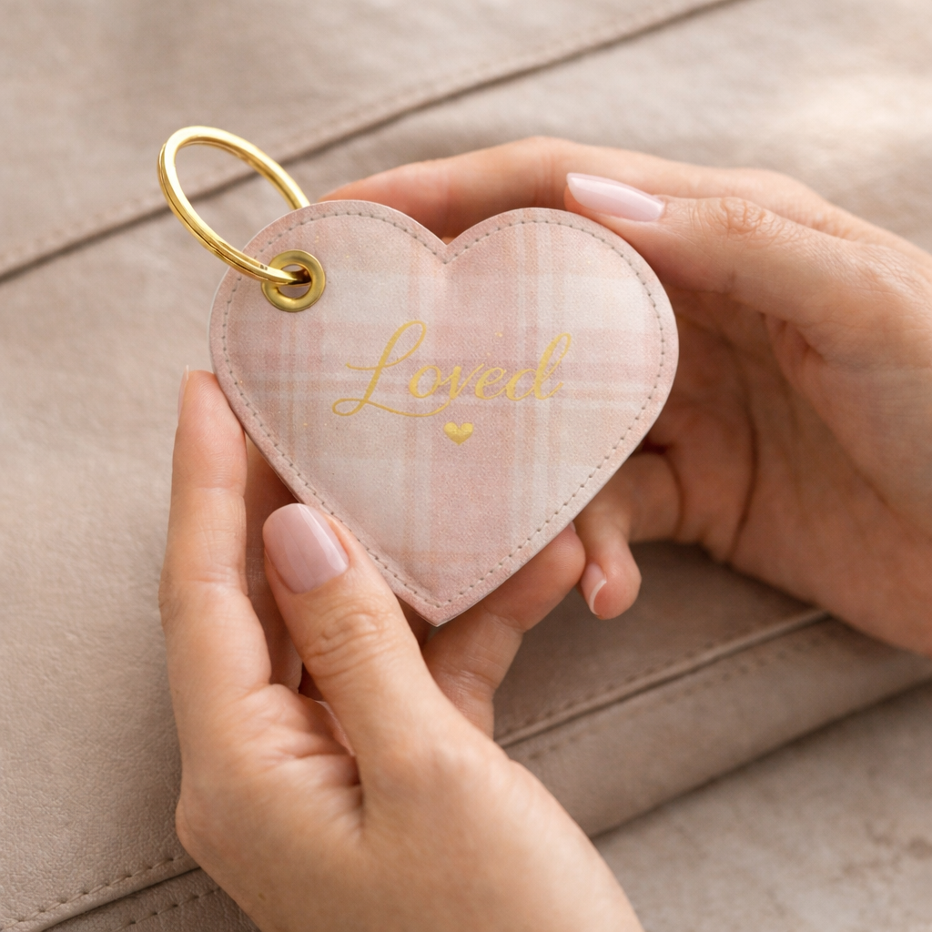 Heart-shaped keychain with 'Loved' engraving held by hands against a neutral background