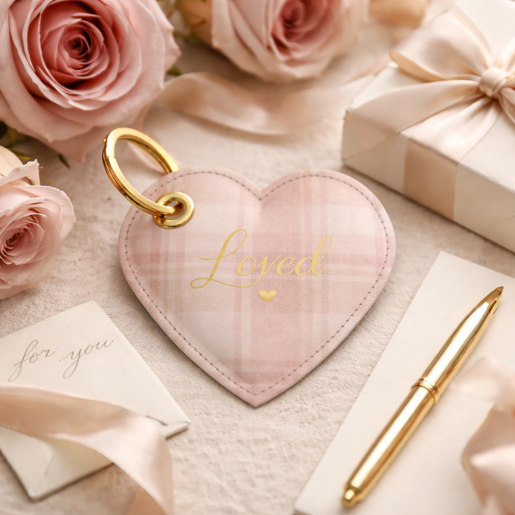 Heart-shaped pink keychain with 'Loved' text, surrounded by roses and a gift box on a light surface.