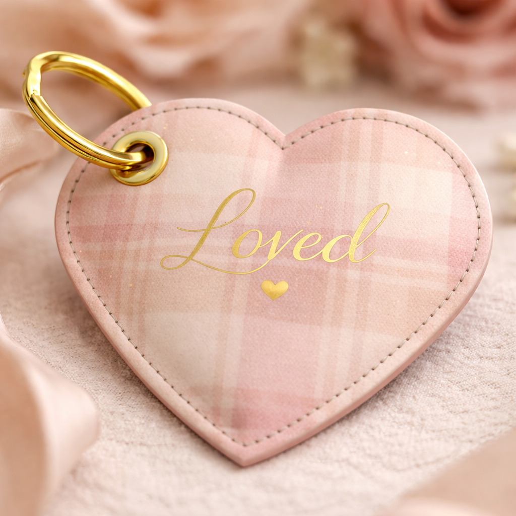 Heart-shaped keychain with 'Loved' text on a soft pink background