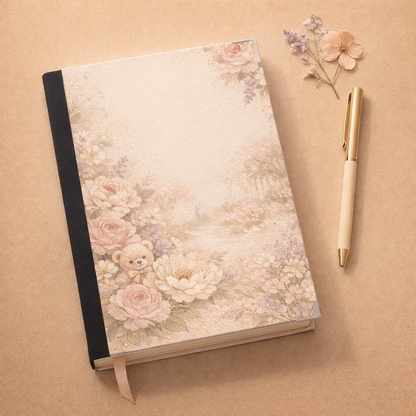 Floral notebook with a teddy bear design on a beige background with a pen and flowers.