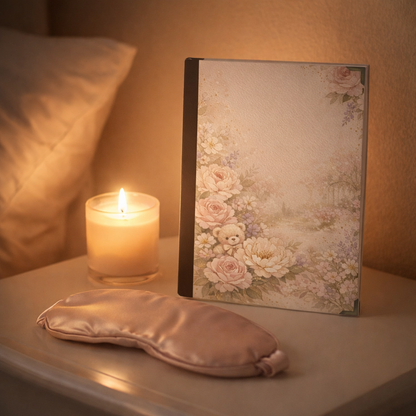 Candle, notebook with floral design, and eye mask on a bedside table in a warm setting.