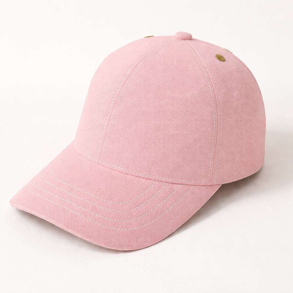 Side view of blush pink six-panel baseball cap showing curved brim and structured crown