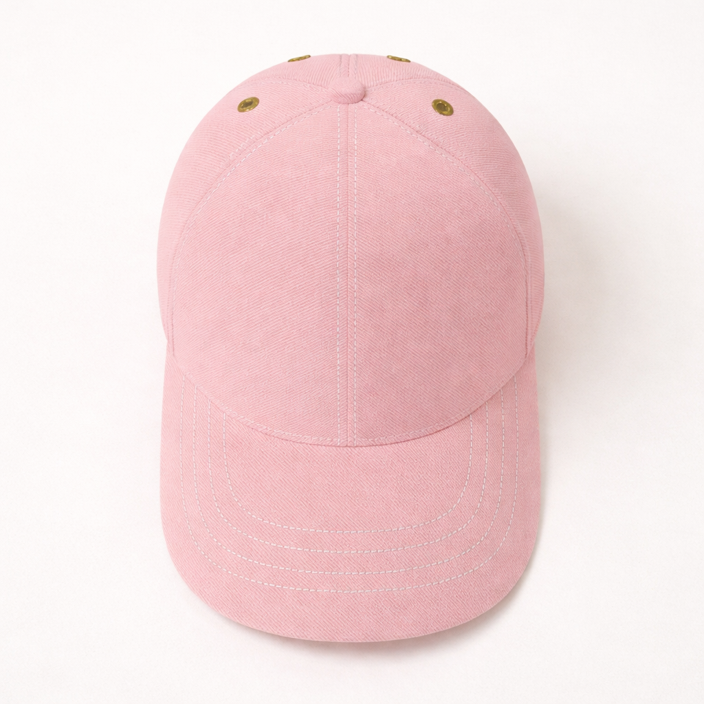 Blush pink designer baseball cap with curved brim and gold eyelets, front view on white background