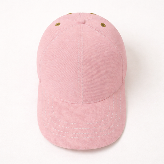 Blush pink designer baseball cap with curved brim and gold eyelets, front view on white background