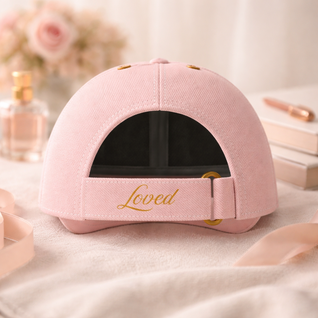 Back view of blush pink baseball cap with adjustable strap and gold hardware detail