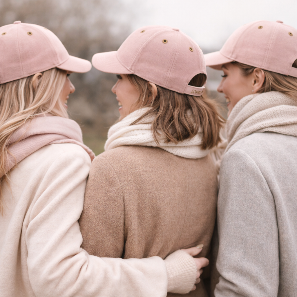 Three women wearing matching blush pink baseball caps standing together in a warm lifestyle setting