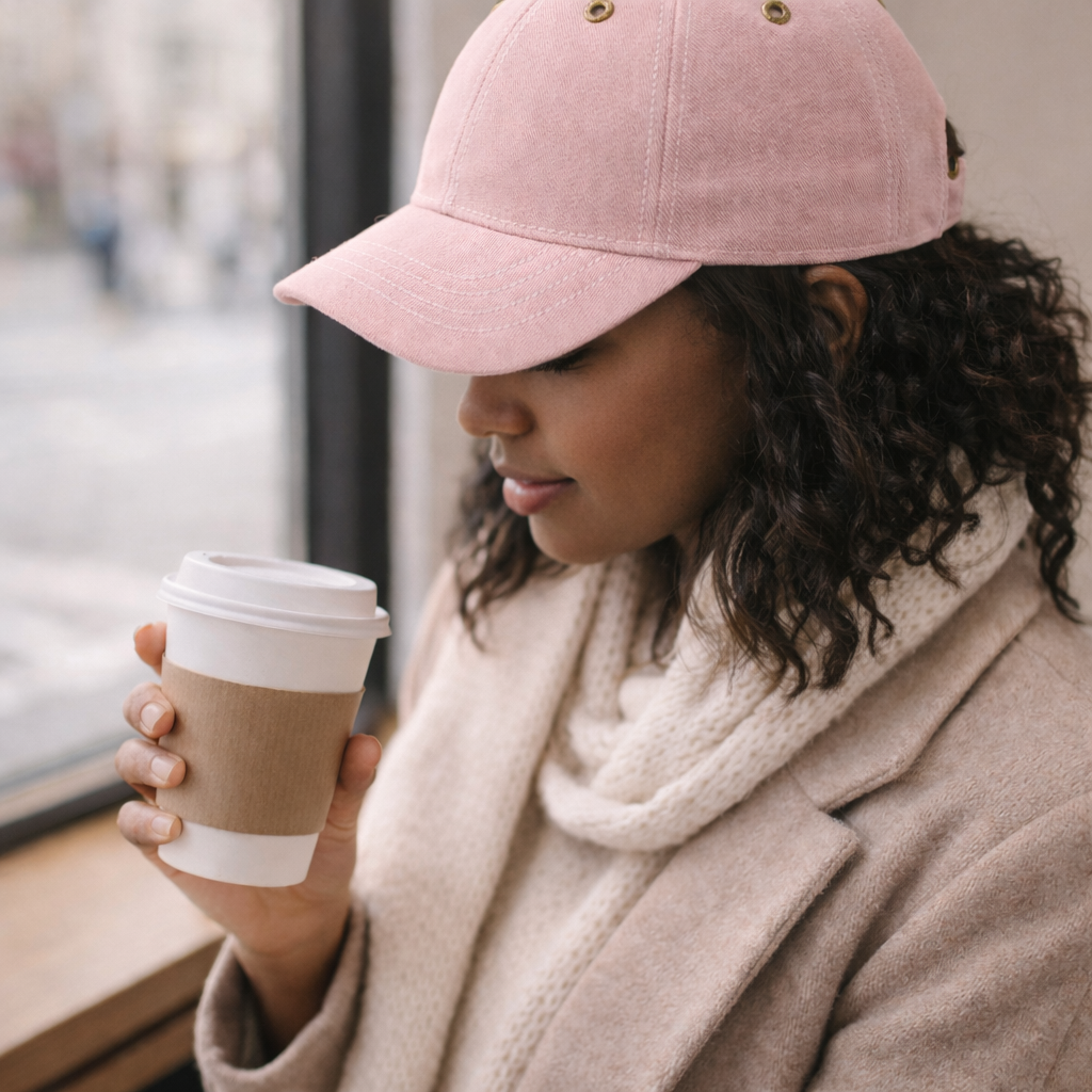 Woman wearing blush pink baseball cap while holding a coffee cup in a cozy indoor setting