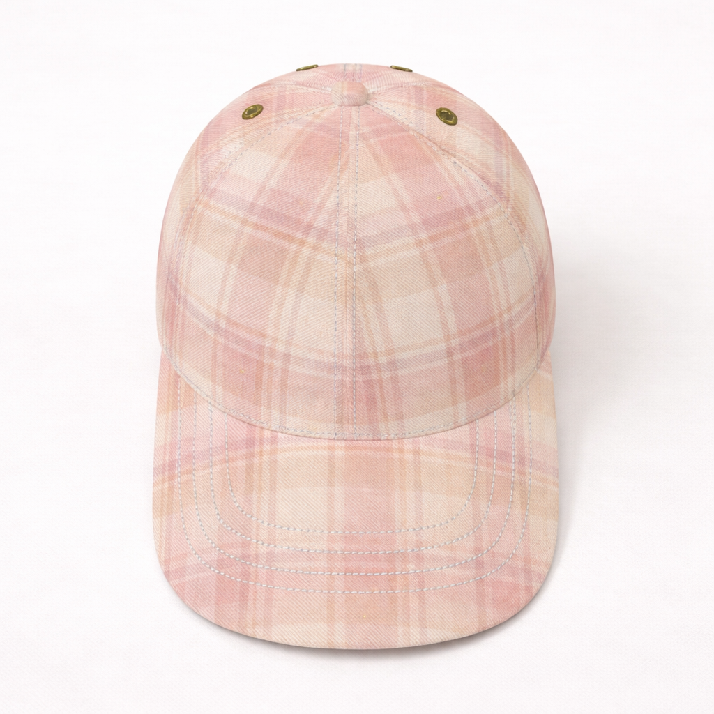 Pink plaid baseball cap on a white background