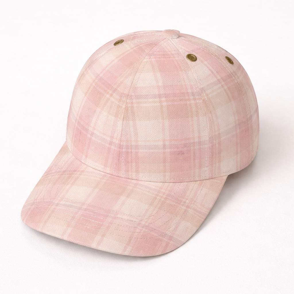 Pink plaid baseball cap on a white background