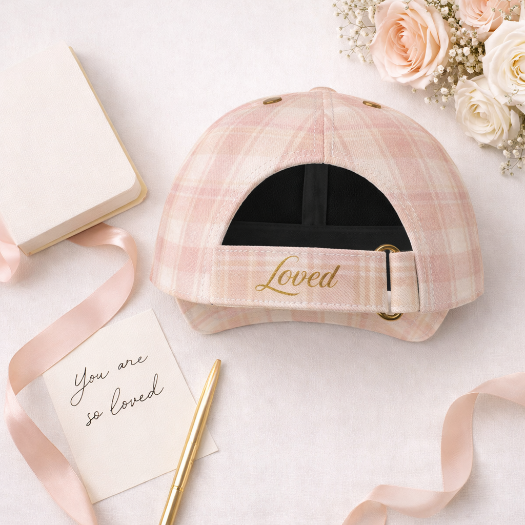 Pink plaid cap with 'Loved' text on a white surface with flowers and ribbons.