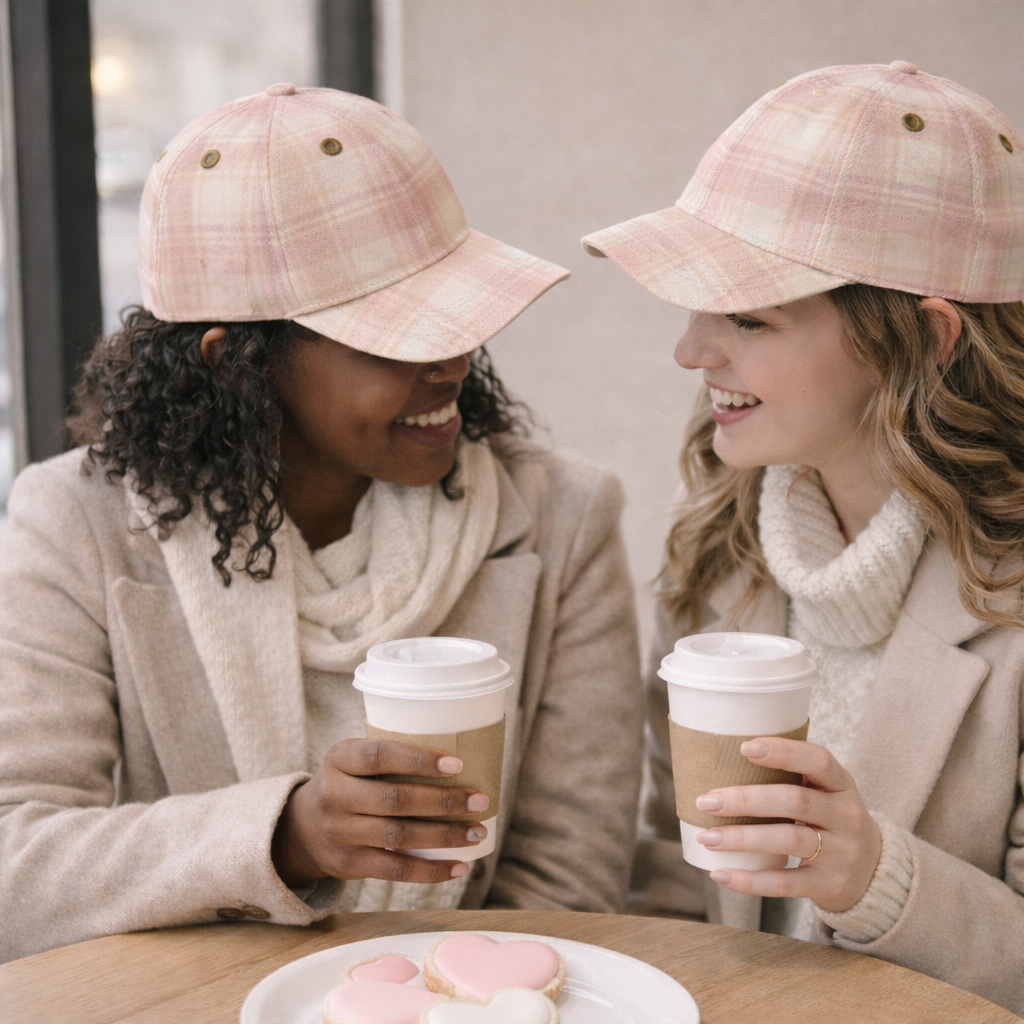 Two women wearing matching pink plaid hats, smiling and holding coffee cups at a table.